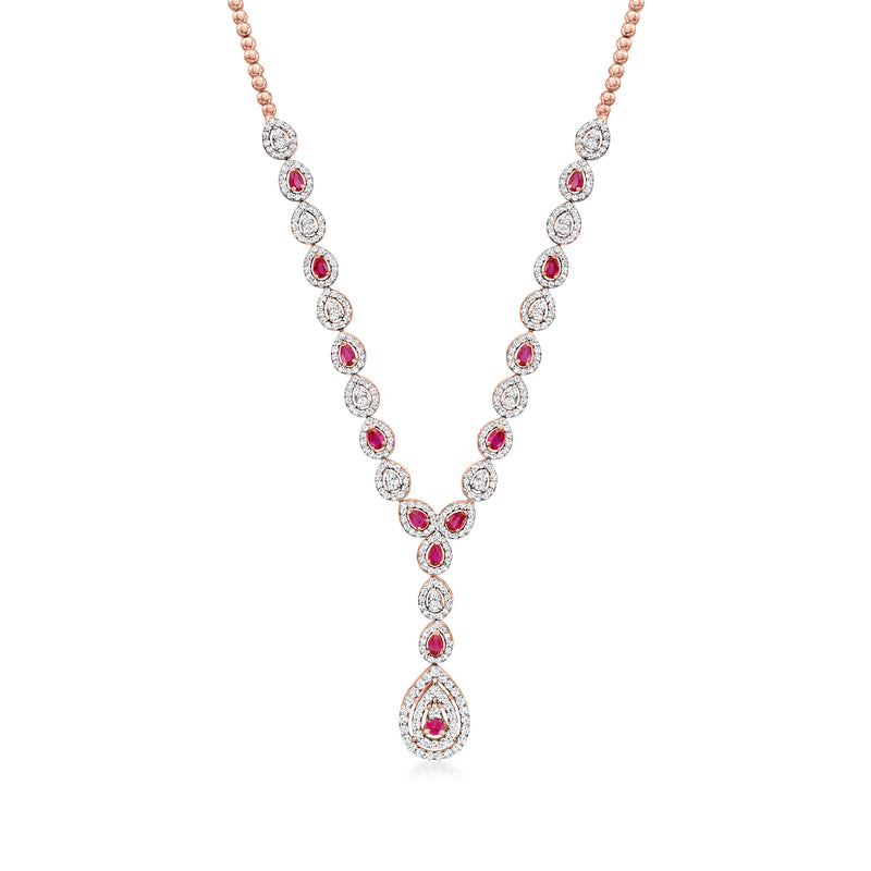 14kt rose gold Y-necklace with ruby and diamond teardrop stations along chain