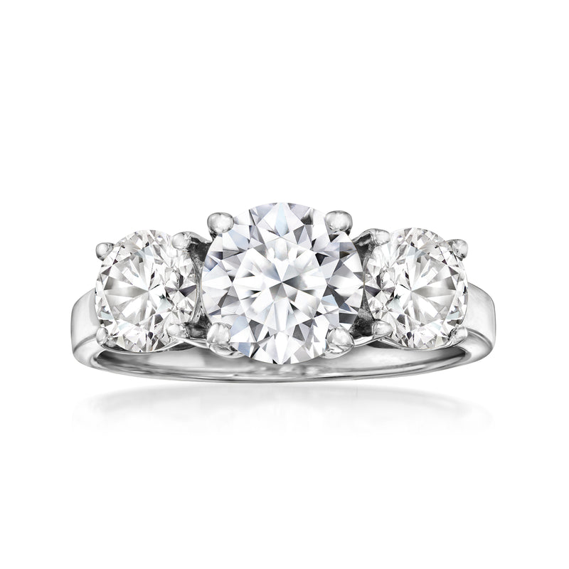 Three-stone lab-grown diamond ring in 14kt white gold with oval center stone
