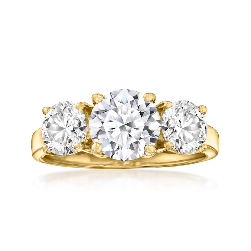 14kt yellow gold three-stone round lab-grown diamond ring with large center stone