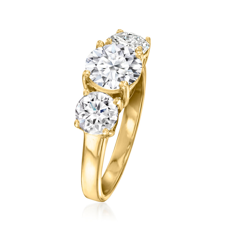 Three-stone round lab-grown diamond ring in 14kt yellow gold, side view