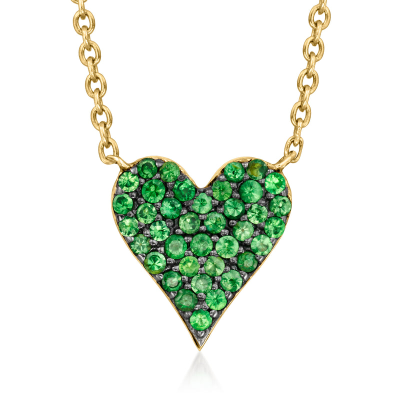 Mini heart pendant necklace with green stones in 14kt yellow gold