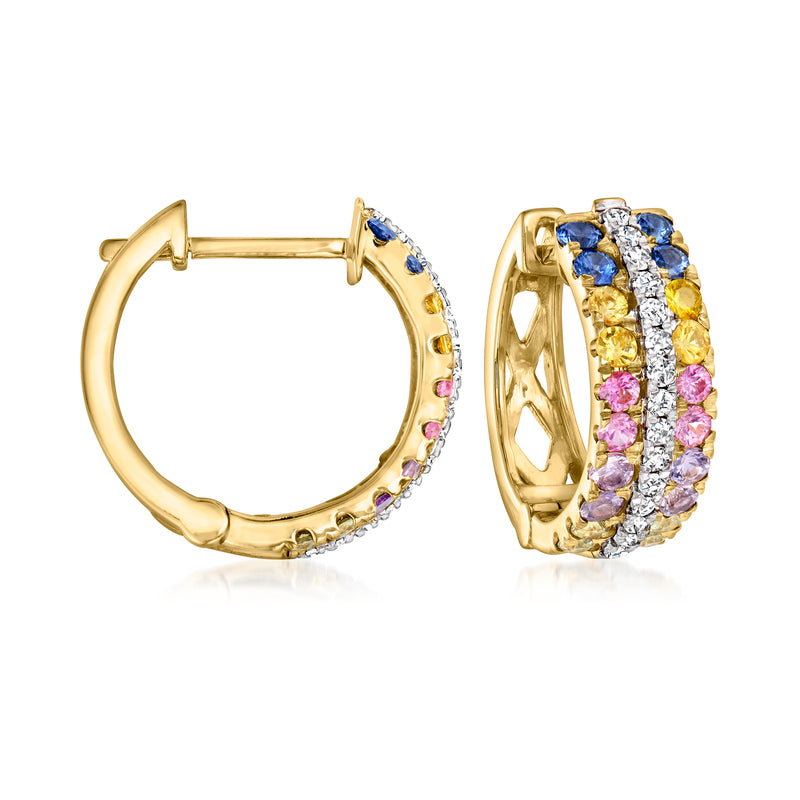 14kt yellow gold hoop earrings with multicolored sapphire and diamond accents