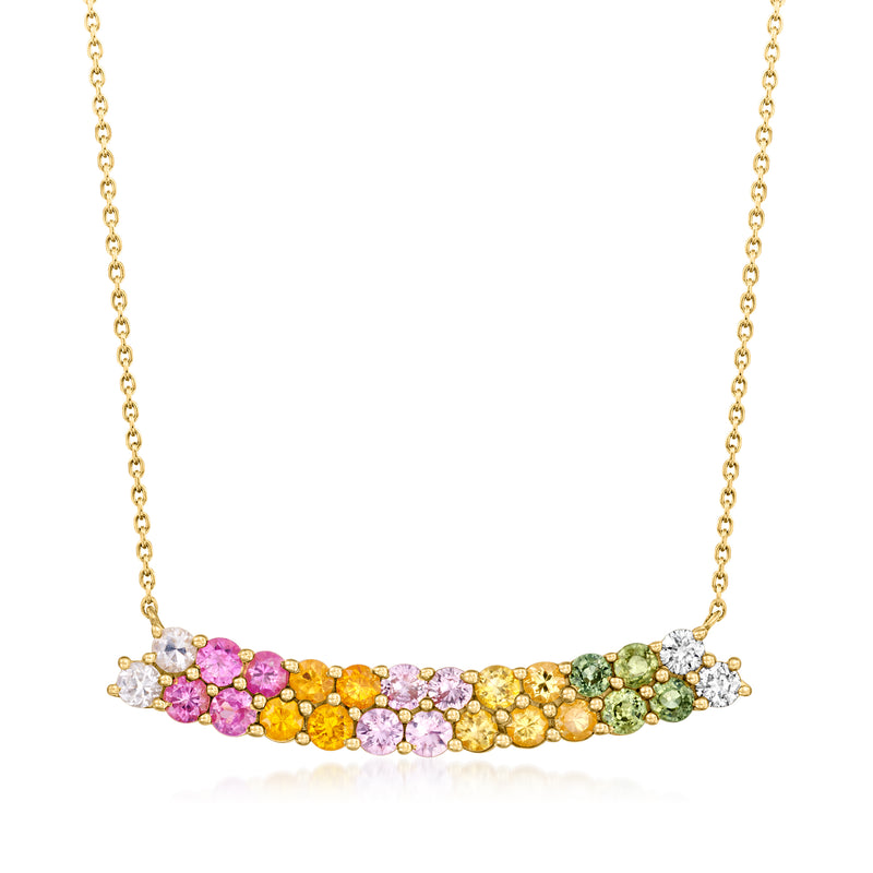 14kt yellow gold bar necklace with multicolored sapphires and diamond accents