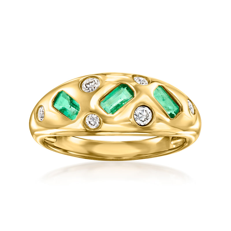 14kt yellow gold ring with three green emerald square stones and round diamond accents
