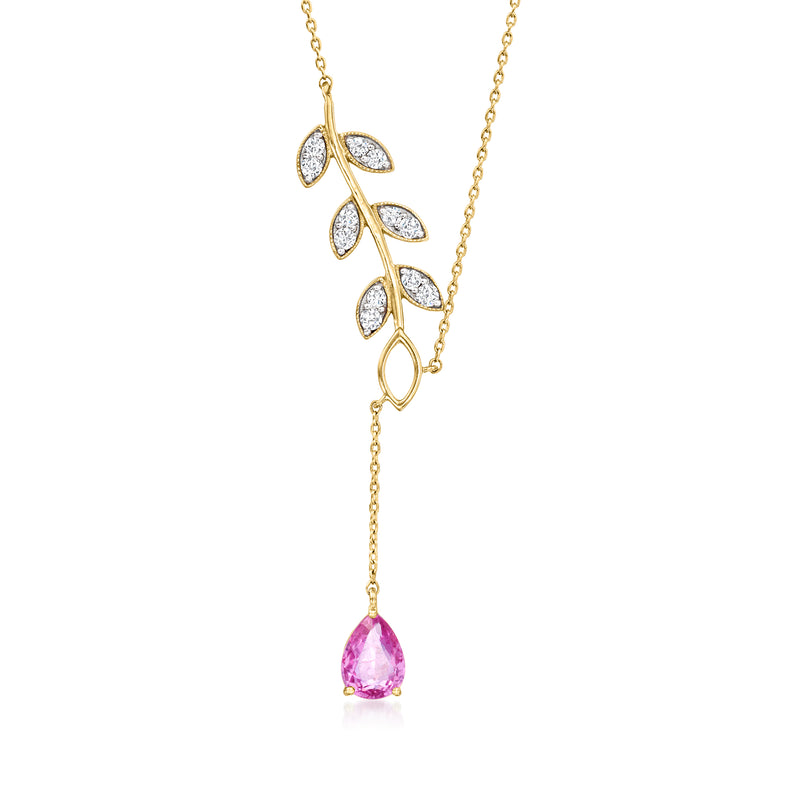 14kt yellow gold leaf necklace with pink sapphire teardrop pendant and diamond accents