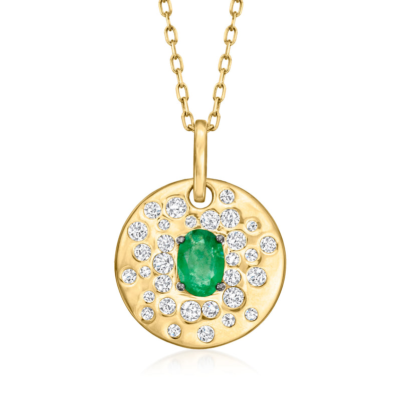 14k yellow gold pendant necklace with round diamond halo and green emerald center