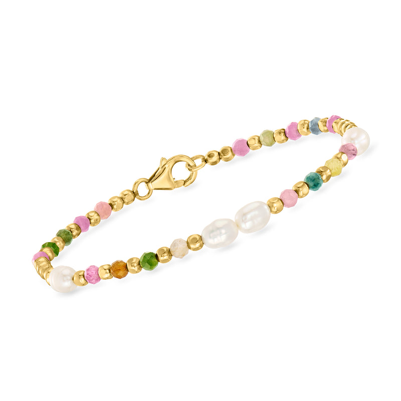 Cultured pearl and tourmaline bead bracelet in multicolor beads, 18kt gold over sterling