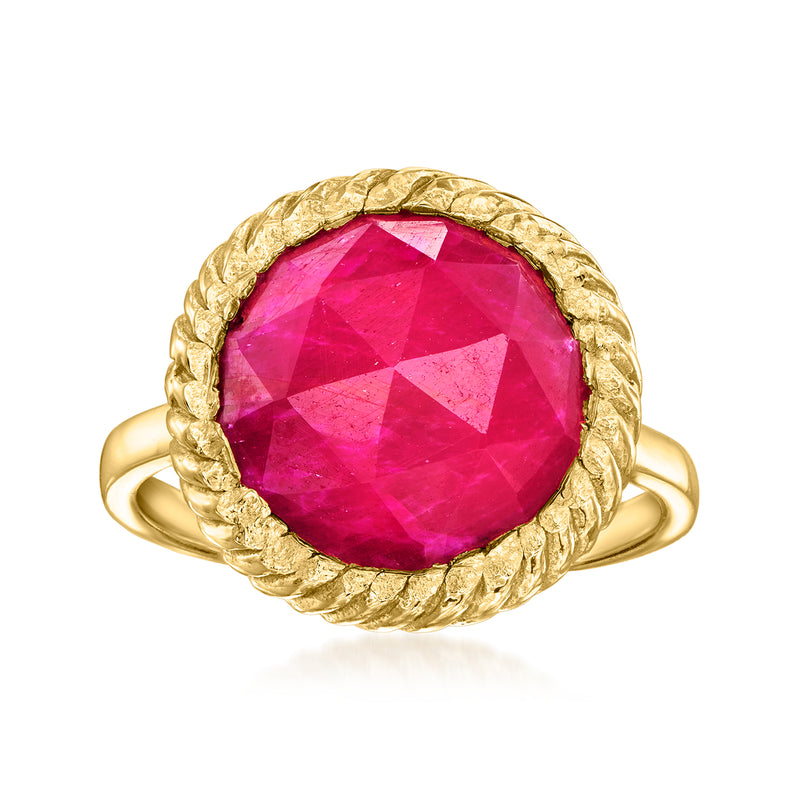 Ruby ring in 18kt gold over sterling, faceted red gemstone with ornate halo