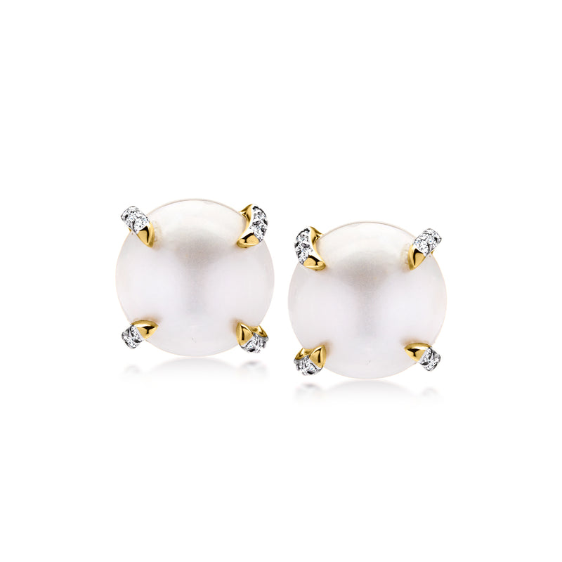 Cultured mabe pearl stud earrings in 14kt yellow gold with diamond accents