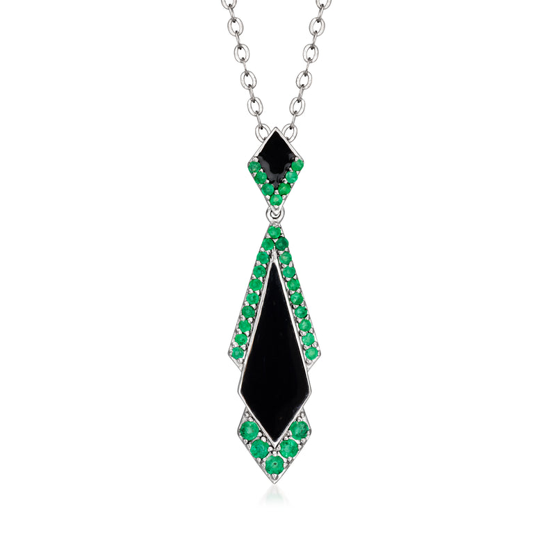 Sterling silver geometric pendant necklace with green gemstones and black enamel