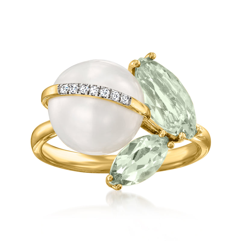 14kt yellow gold ring with white cultured pearl, prasiolite, and diamond band