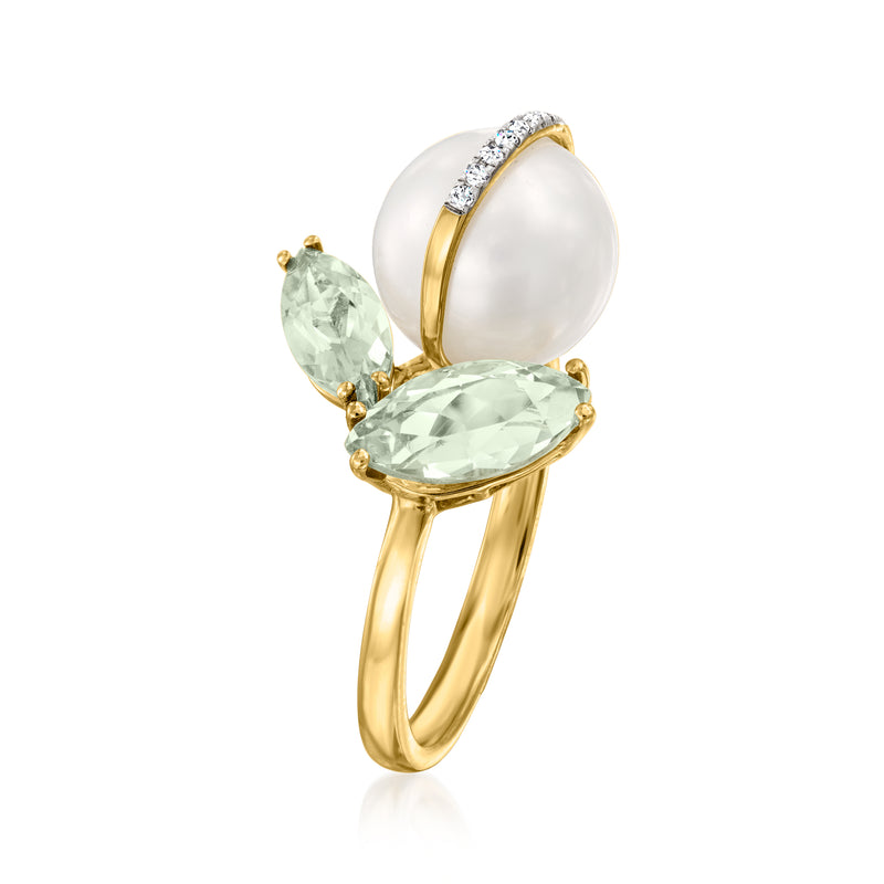 14kt yellow gold ring with white pearl center and green prasiolite stones