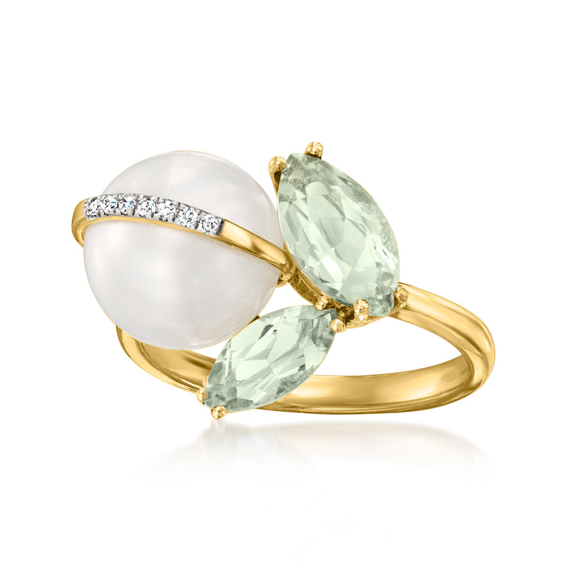 14kt yellow gold ring with round white pearl, green prasiolite, and diamond band