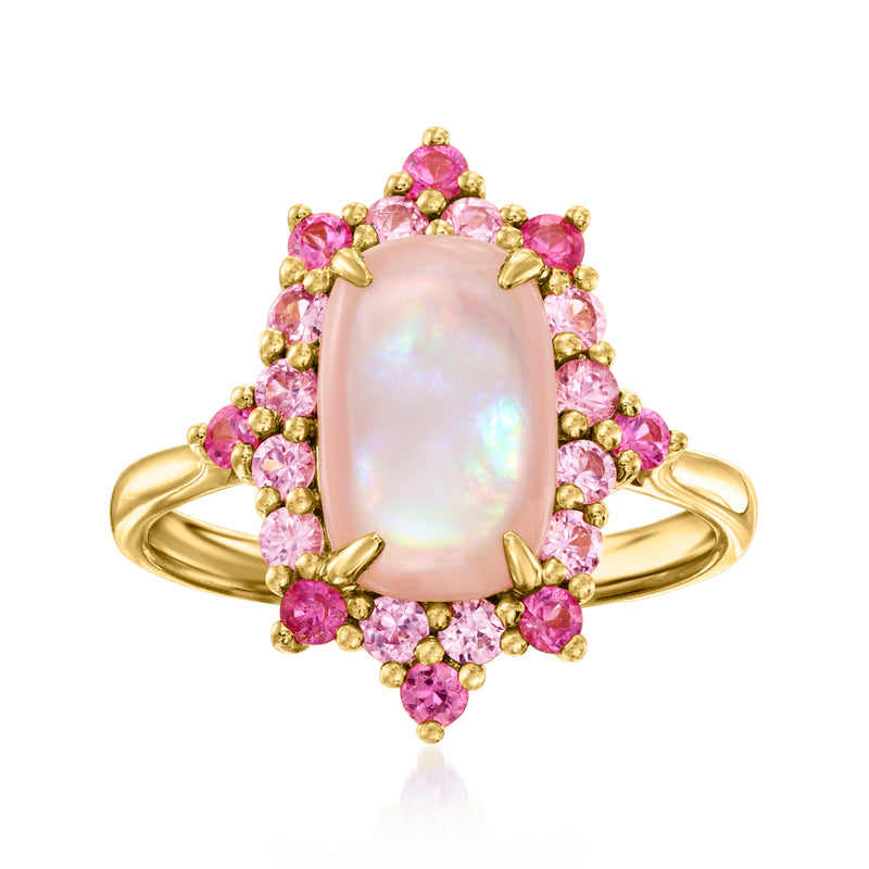 Gold ring with oval opalescent mother-of-pearl center and pink sapphire halo