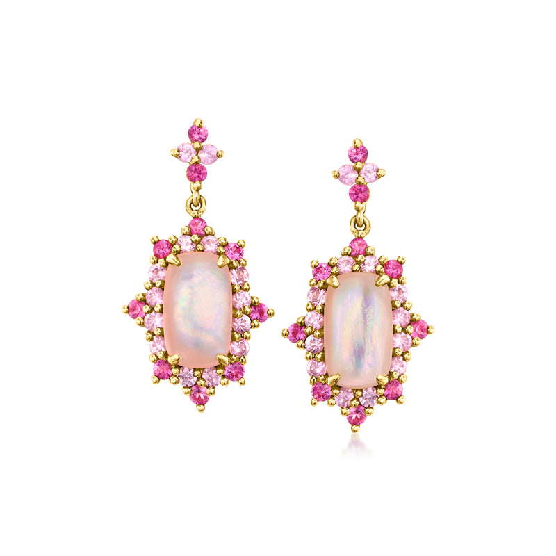 Gold-tone drop earrings with pink gemstone clusters and iridescent mother-of-pearl center