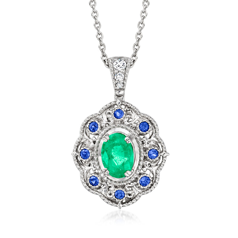 Sterling silver pendant necklace with green emerald center, blue sapphire halo and diamond accents