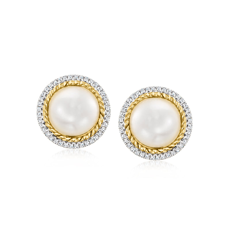 14kt yellow gold mabe pearl stud earrings with diamond halo, round face