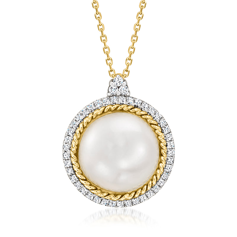 Yellow gold mabe pearl pendant necklace with diamond halo and round pearl bezel