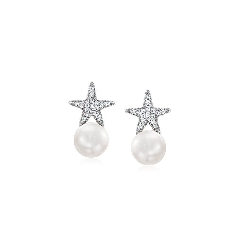 Sterling silver starfish stud earrings with white cultured pearl and clear zirconia