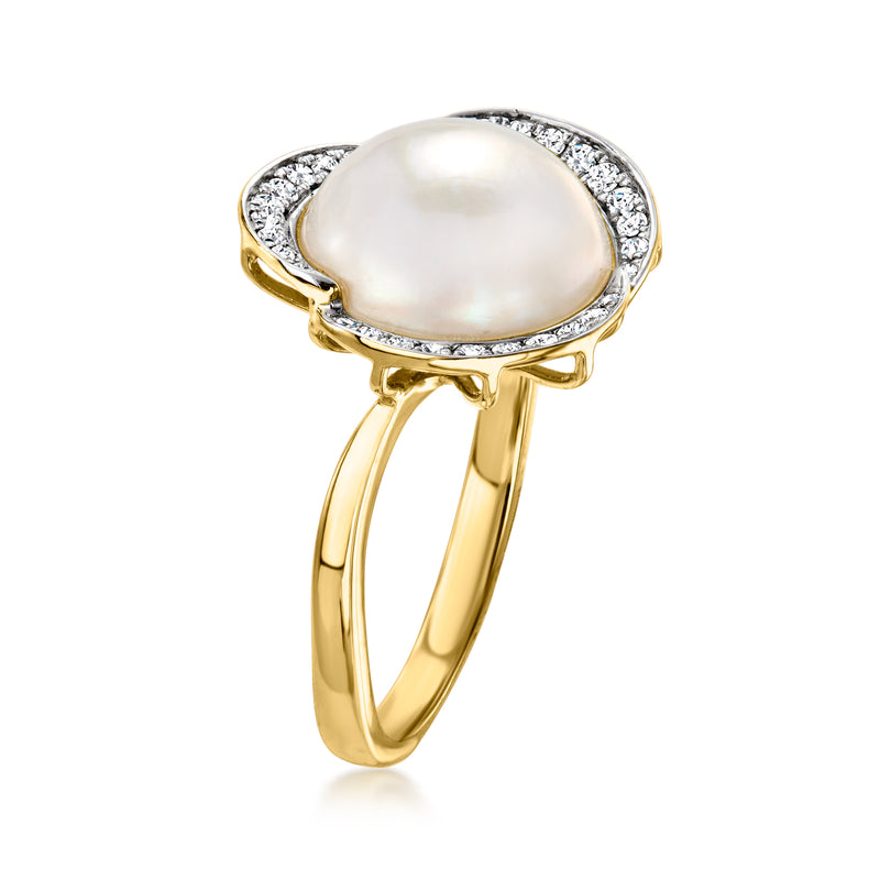 Mabe pearl and diamond halo ring with open band in 18kt gold over sterling