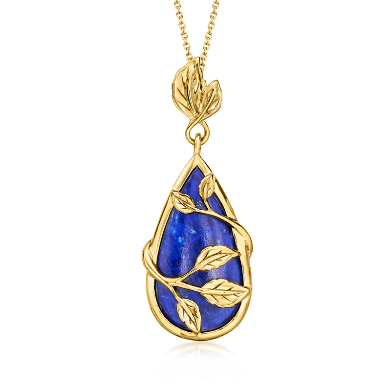 Gold teardrop pendant necklace with blue lapis stone and leaf accents, gold chain