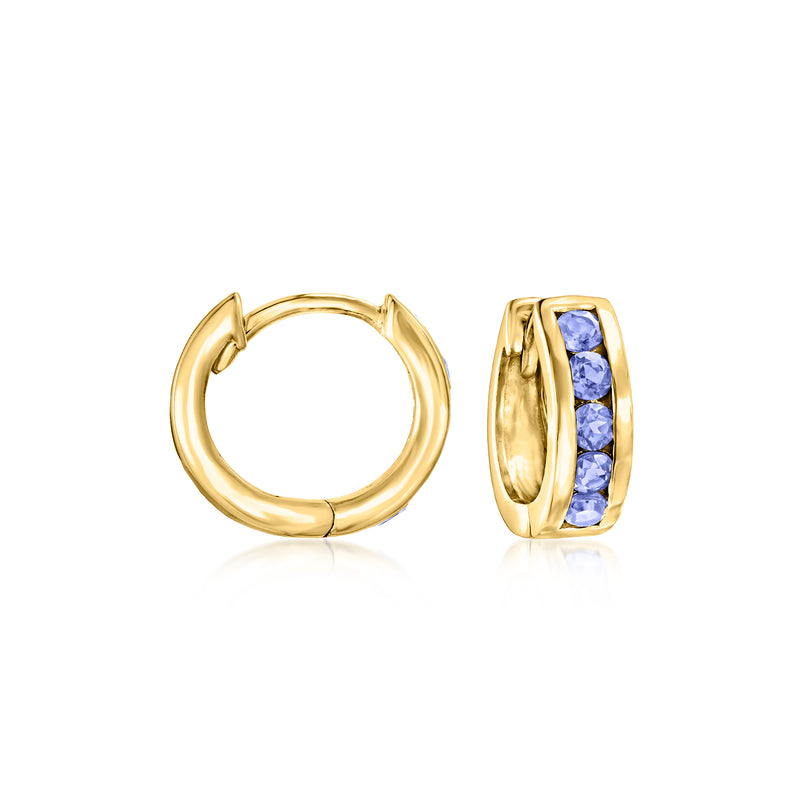 18kt gold over sterling huggie hoop earrings with purple tanzanite gemstone accents