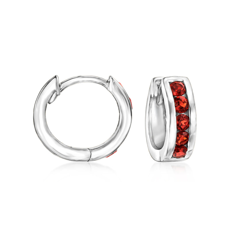 Sterling silver huggie hoop earrings with red garnet stones