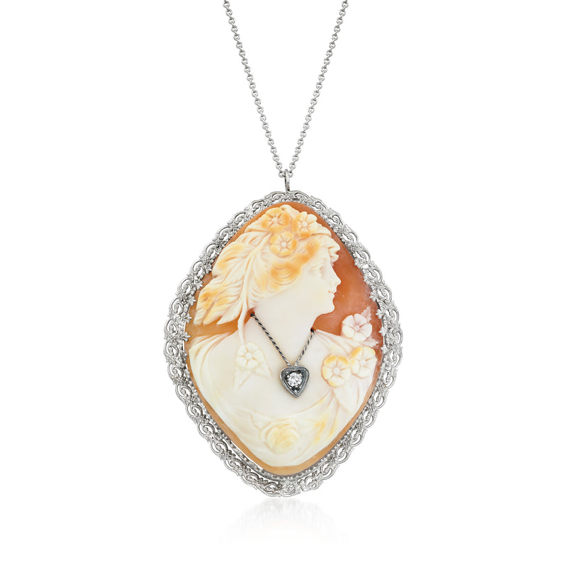 Oval brown shell cameo pendant necklace with small diamond in white gold setting