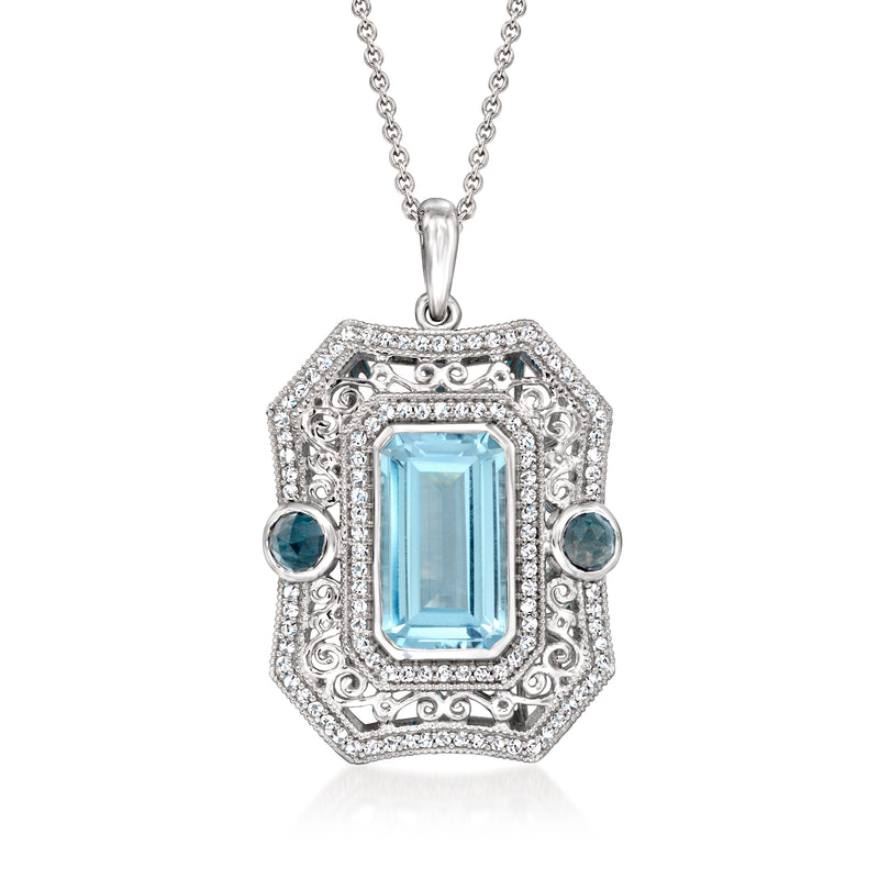Sterling silver pendant necklace with rectangular sky-blue topaz center and blue side stones
