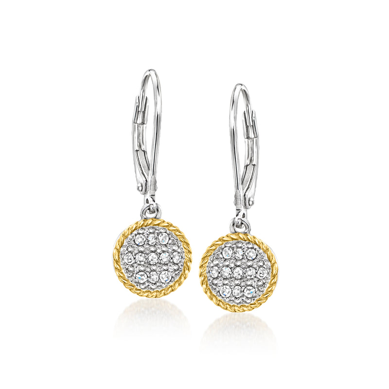 Sterling silver leverback drop earrings with round diamond halo and yellow gold edge