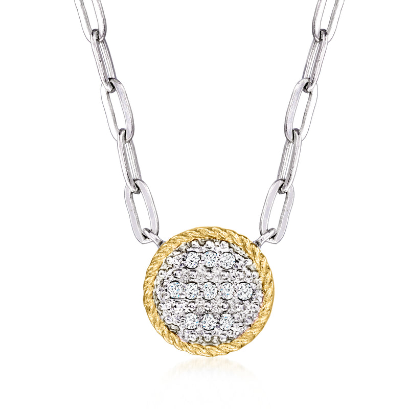 Diamond roped-edge circle pendant necklace with silver paper clip link chain