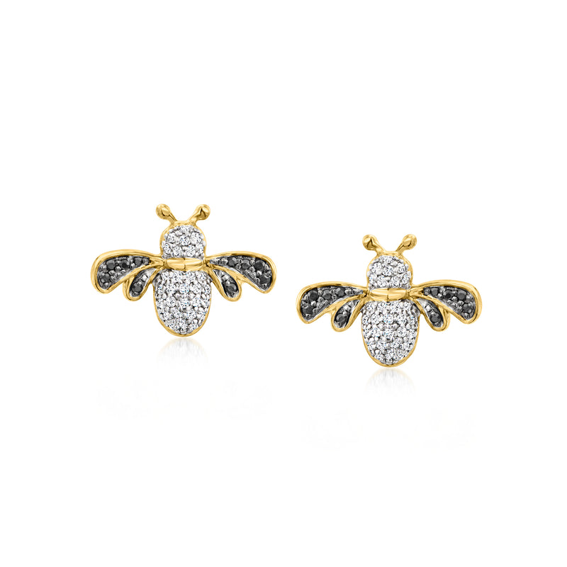 Bumblebee stud earrings with black and white diamonds in gold over sterling