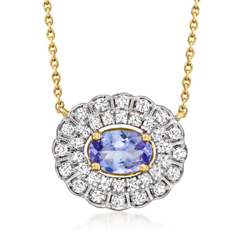 14kt yellow gold necklace with oval tanzanite center and diamond halo pendant