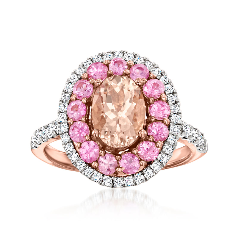 14kt rose gold ring with oval peach morganite center, pink sapphires halo and diamond band