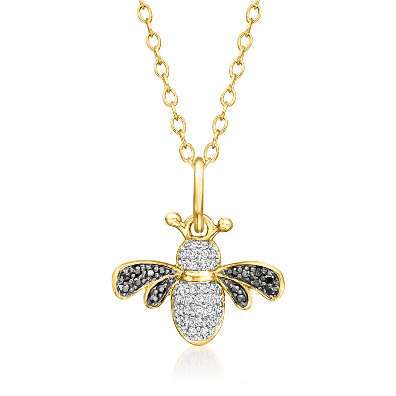 Bumblebee pendant necklace with black and white diamonds in gold over sterling