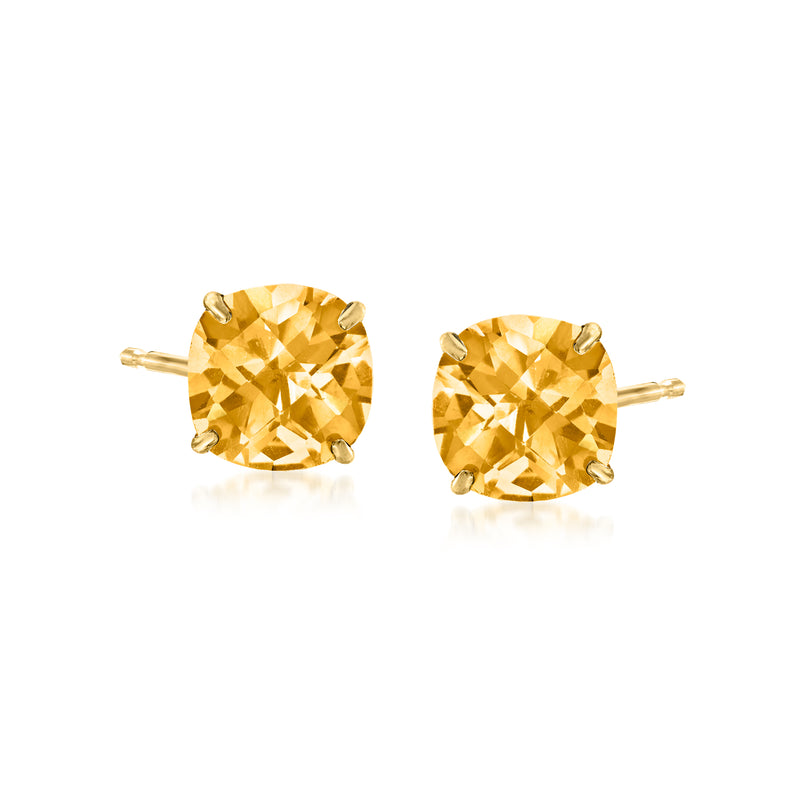 Round citrine stud earrings, 14kt yellow gold posts and prong settings