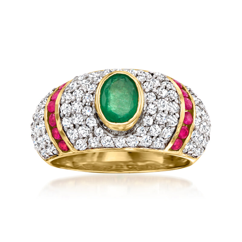 18kt gold ring with oval green emerald center, white zircon halo, ruby side stones