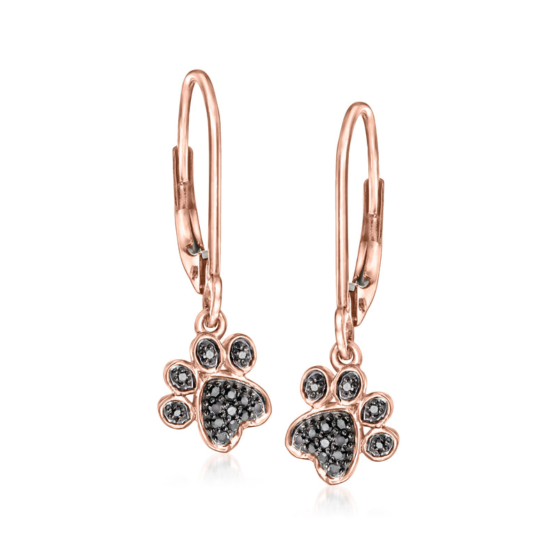 Black diamond paw print leverback drop earrings in 14kt rose gold