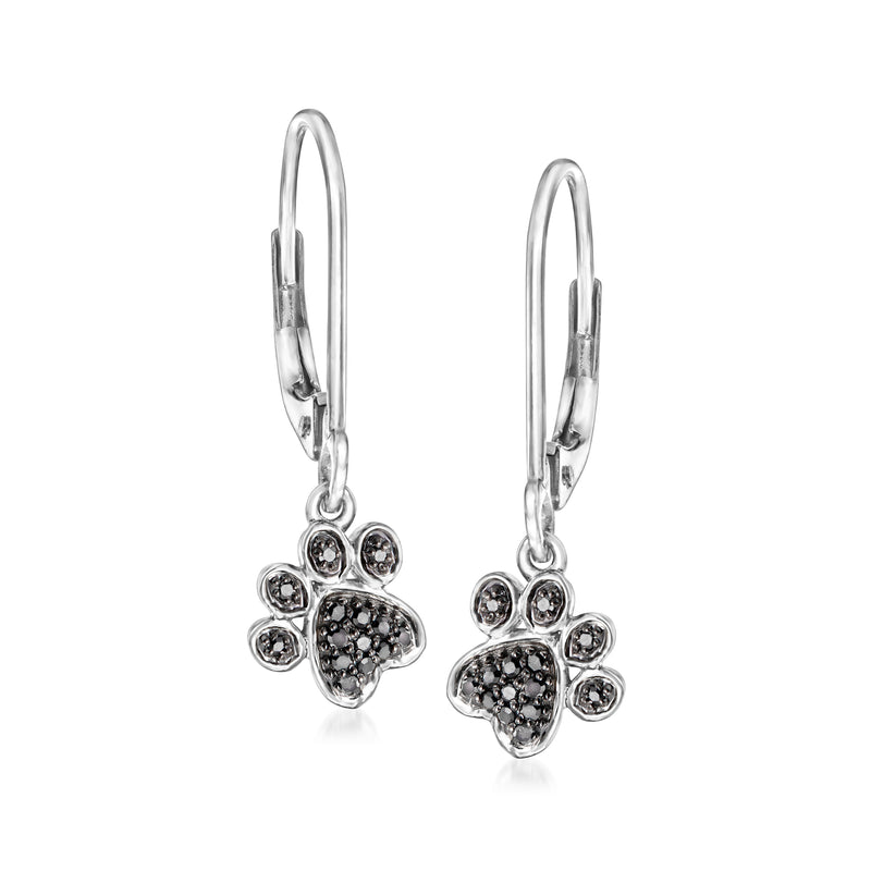 Black Diamond paw print drop earrings, 14kt white gold leverbacks with dark stones