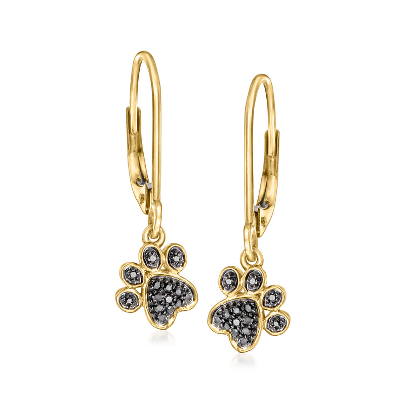 Black Diamond paw print drop earrings in 14kt yellow gold leverback