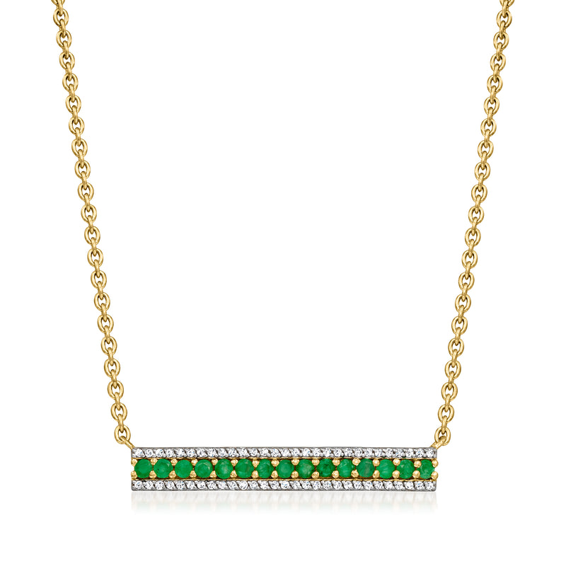 Gold zircon bar necklace with emerald-green stone row and white sparkle accents