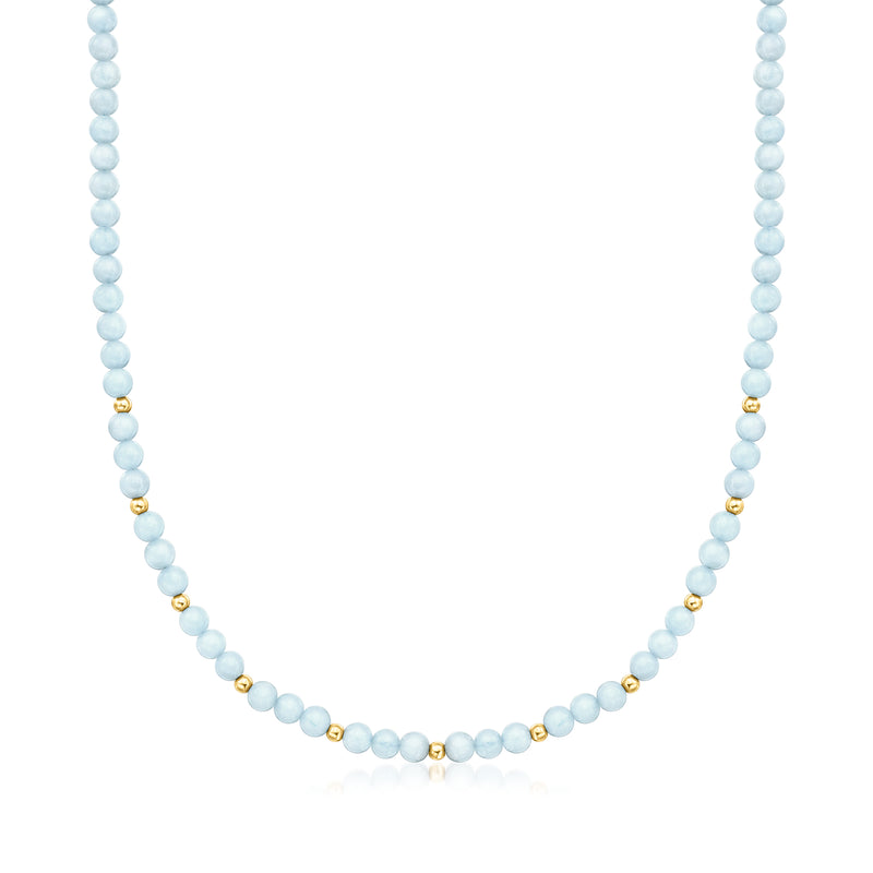Aquamarine bead necklace with 14kt yellow gold accents, light blue round beads.