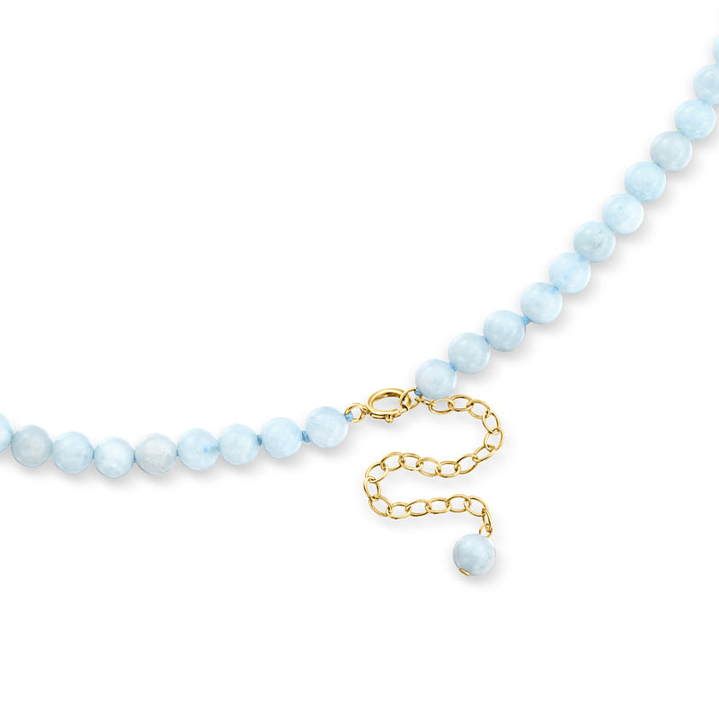 Aquamarine bead necklace with gold clasp and chain, light blue round beads.