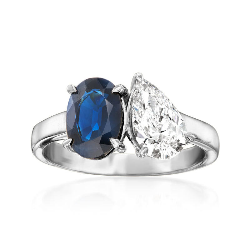 14kt white gold toi et moi ring: oval blue sapphire and oval lab-grown diamond