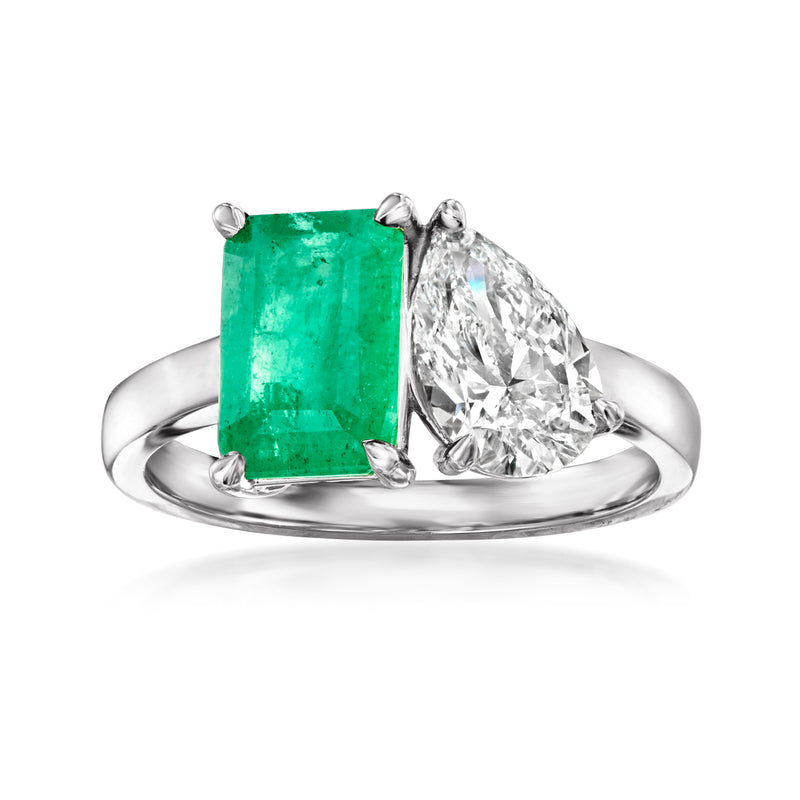 Toi et Moi diamond ring in 14kt white gold with emerald-cut green center and pear diamond
