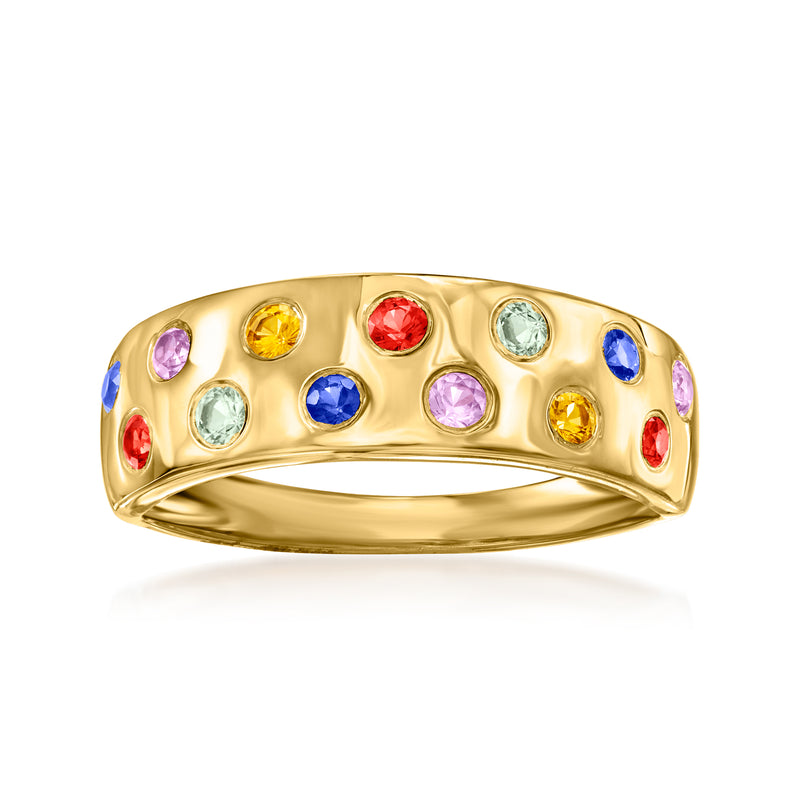 Gold-tone ring with scattered multicolored sapphire stones on rounded band