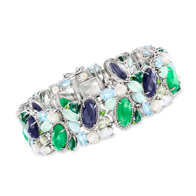 Sterling silver multi-gemstone bracelet with green, blue and light blue stones