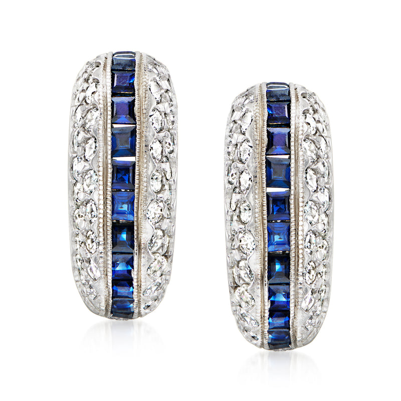 Vintage curved 14kt white gold earrings with diamonds and blue sapphires