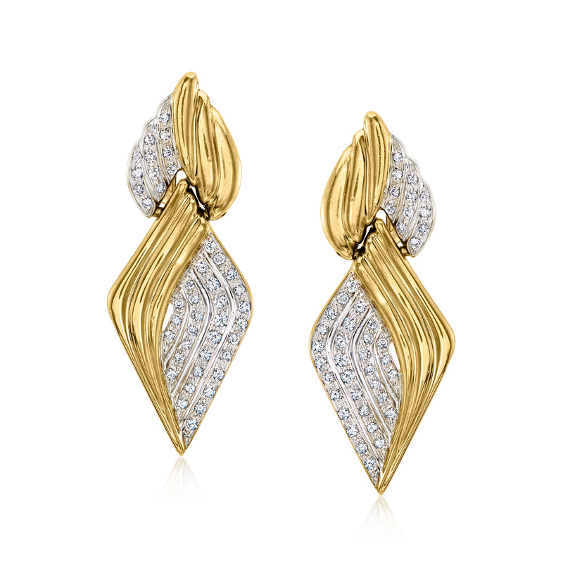 18kt yellow gold geometric diamond pave clip-on drop earrings with leaf-like shapes