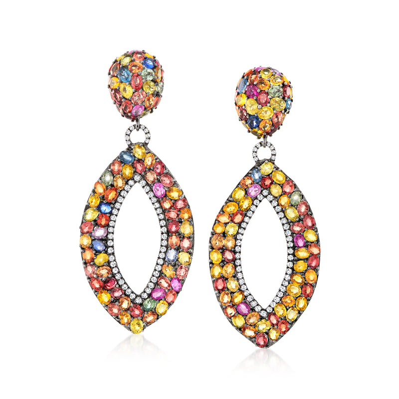 Multicolored gemstone and diamond clip-on drop earrings, oval hoops in white gold